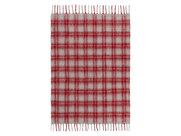 Eine karierte Plaiddecke in Rot und Grau.