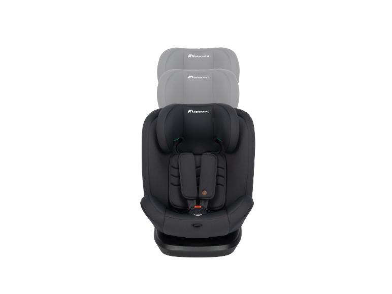 Schwarzer Kindersitz mit verstellbarer Kopfstütze auf weißem Hintergrund.