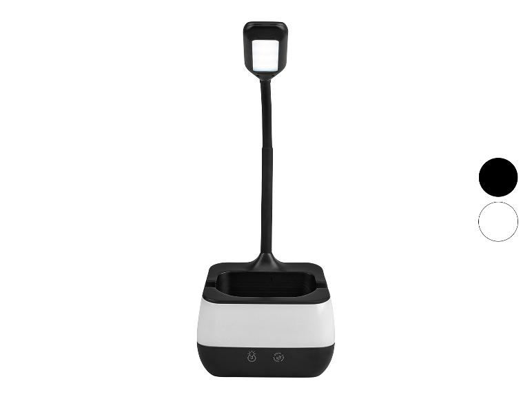 LED-Schreibtischlampe mit Organizer-Basis und Farboptionen in Weiß und Schwarz.