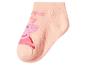 Rosa Socke mit Schweinemotiv und Text.