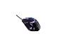 Schwarze Gaming-Maus mit lila LED-Beleuchtung und Kabel.
