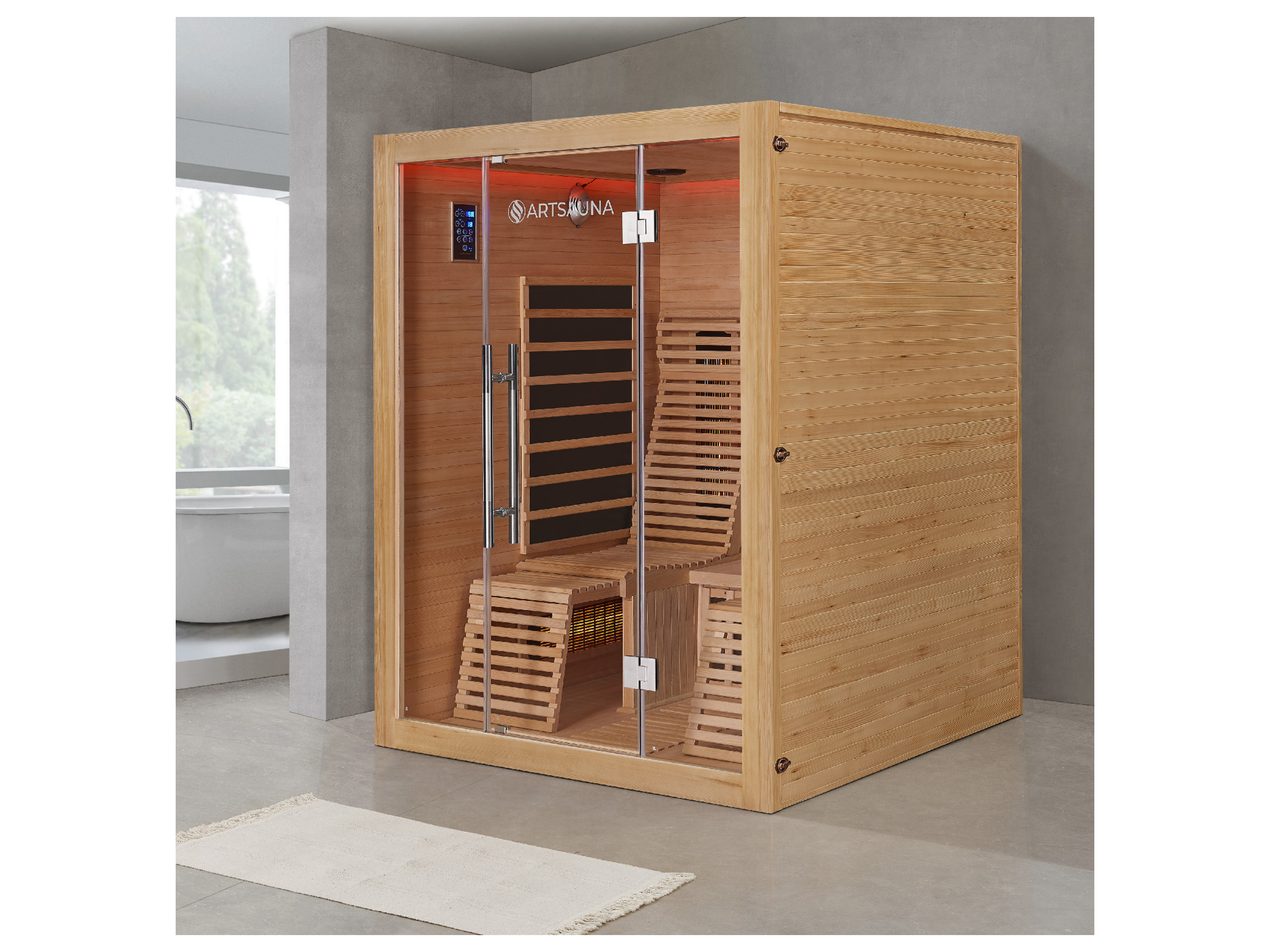 Artsauna Infrarotkabine Helsinki150 Dual-Technologie, für 3 Personen, Hemlockholz, HiFi-System, Ionisator, LED-Farblicht – Bild 2 von 4