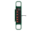 Grüne Steckdosenleiste mit sechs Steckdosen, Einzelschaltern, USB-Anschlüssen und zwei LED-Leuchten.