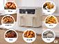 Cremefarbene Doppelkorb-Heißluftfritteuse auf einer Küchenarbeitsplatte, umgeben von kreisförmigen Bildern von Speisen, die mit ihren Funktionen zubereitet wurden: Reheat, Bake, Dehydrate, Air Fry, Roast, Ultracrisp und Prove.