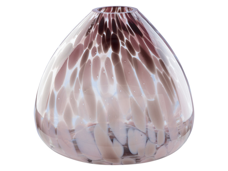 Eine runde Glasvase mit einem rosa-braunen Marmormuster.