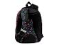 Schwarzer Rucksack mit rosa und türkisen Tier- und Herzmustern, Seitenansicht.