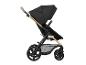 Schwarzer Kinderwagen mit goldfarbenem Gestell und braunem Griff