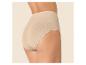 Frau in beigem High-Waist-Slip mit gerippten und Kompressionsdetails.