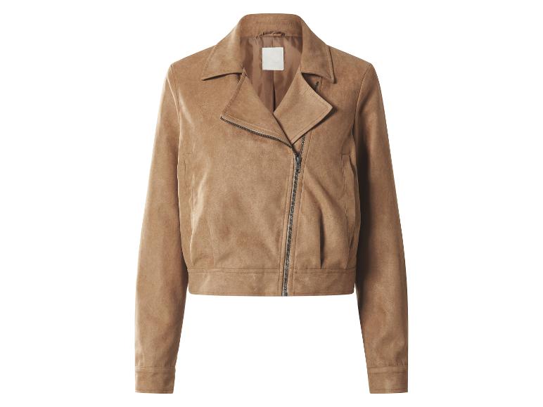 Braune Wildlederjacke mit Reißverschluss und Kragen.