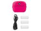 Pinke Sofortbildkamera mit USB-Kabel und drei Rollen Thermopapier.