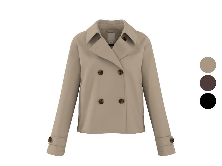 Beige zweireihige Jacke mit Knöpfen und Farbpalette.