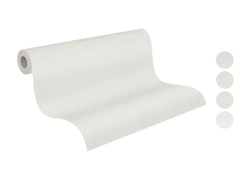 Rolle weißer strukturierter Tapete mit vier Texturmustern rechts.