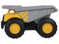 Ein grauer und gelber Spielzeug-Kipplaster mit großen Rädern.