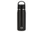 Schwarze Thermosflasche mit Griff und dreieckigem Logo unten.