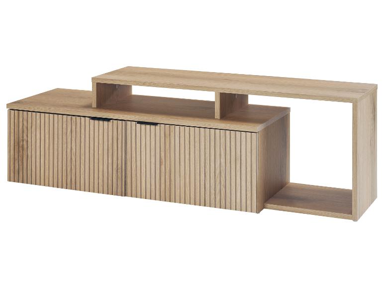 Moderner TV-Schrank aus hellem Holz mit Schubladen und Regalen.