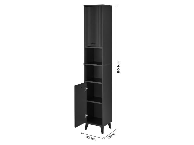 Schwarzer Hochschrank mit geriffelter Oberklappe, offenen Fächern und Untertür, mit Maßen.
