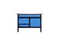 Blaue Werkbank mit Holzplatte, drei Schubladen und einem Schrank
