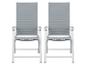 Zwei graue klappbare Gartenstühle mit weißem Gestell.