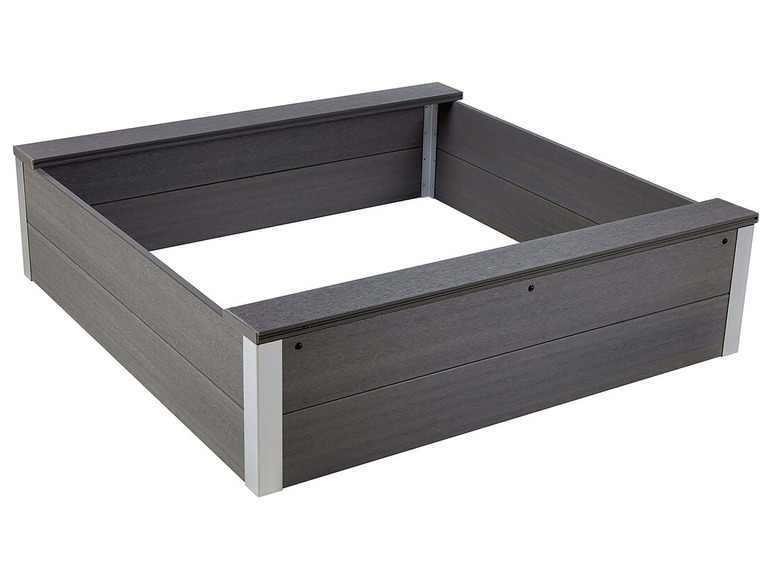 Ein rechteckiger, grauer Pflanzenkasten aus Kunststoff, ideal zum Pflanzen von Blumen.