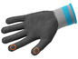 Schwarze Handschuhe mit orangefarbenen Punkten und einem blauen und grauen Handgelenkband.