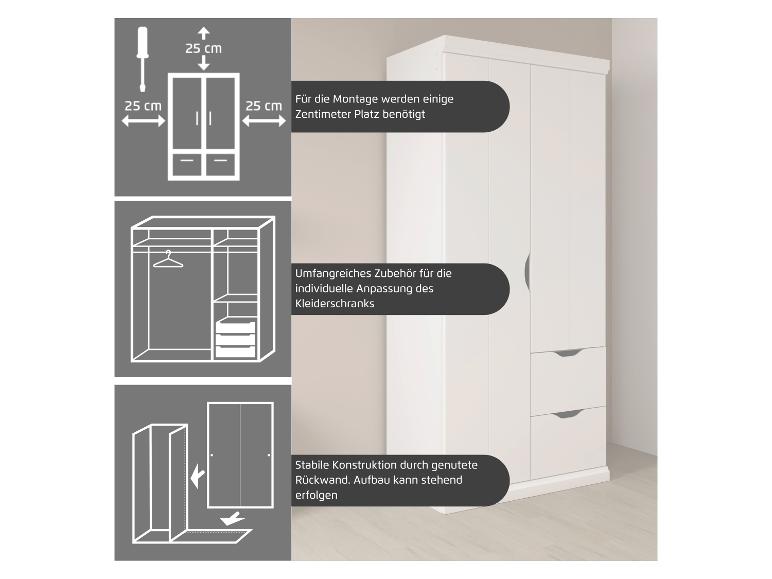 Weißer Kleiderschrank mit Schubladen und Montageanleitung, Zubehör zur individuellen Anpassung.