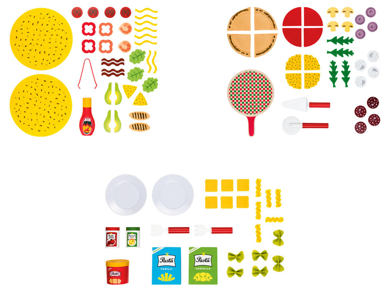 Spielzeugpizza, -Burger und -Pasta mit dazugehörigen Zutaten.