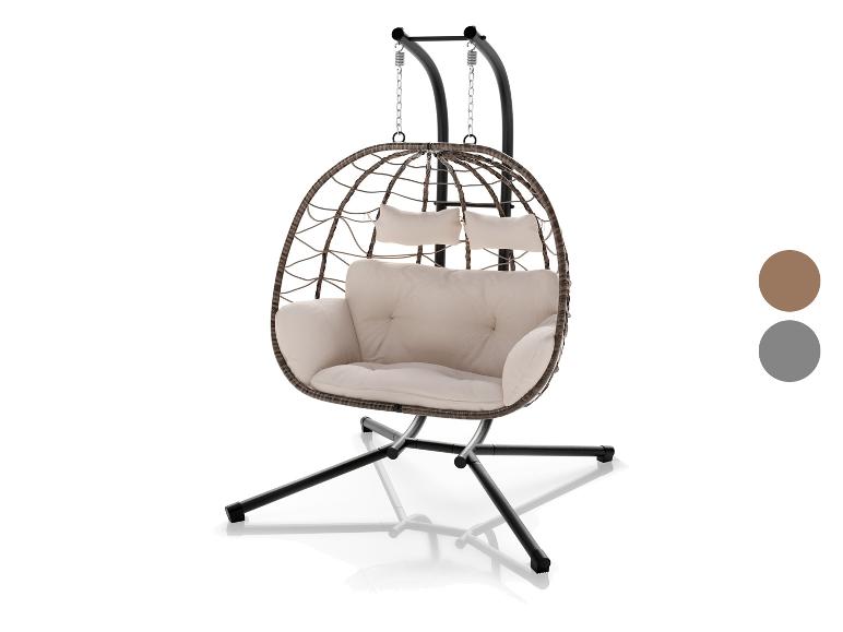 Eier-Hängesessel mit beigen Kissen und schwarzem Gestell.