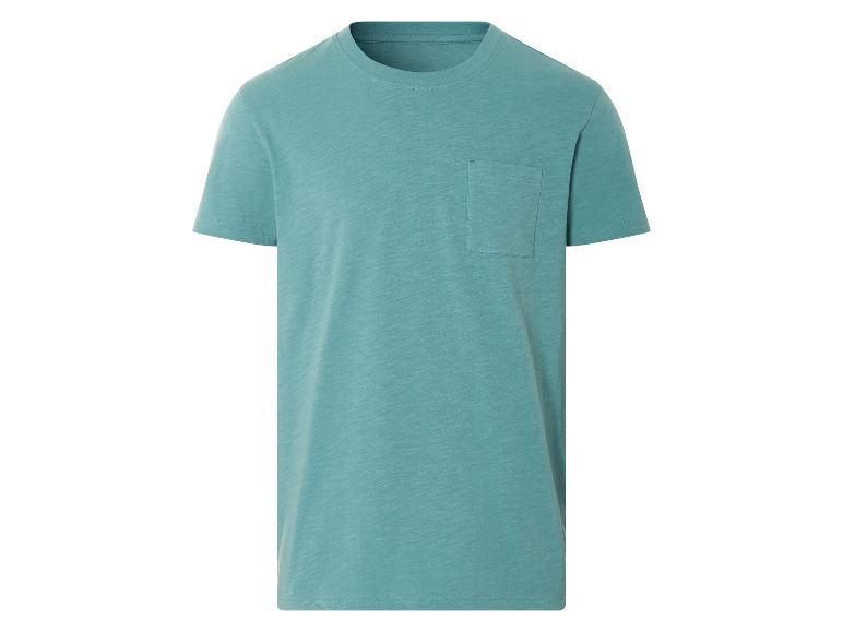 Blaugrünes T-Shirt mit Tasche.