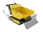 Gelber Raupen-Minidumper mit Kippmulde und transparentem Schneeschild.