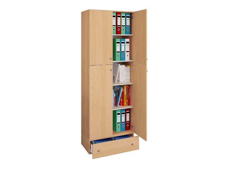 Holzschrank mit offenen Regalen voller Ordner und Bücher, darunter „MODERN“ und „ARCHITECTURE“.