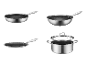 Set aus Edelstahl-Kochgeschirr, bestehend aus Bratpfannen, Wok und Kochtopf mit Deckel.