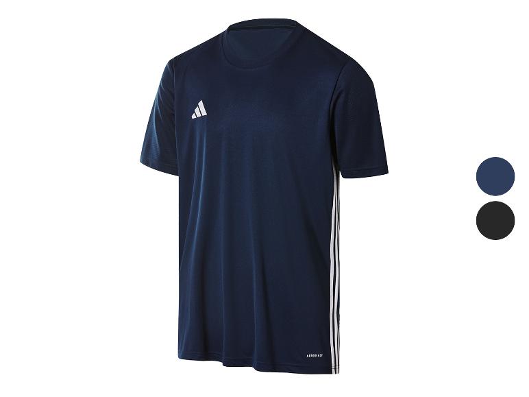 Dunkelblaues Adidas T-Shirt mit weißen Streifen und Logo