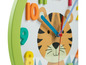 Eine Kinderuhr mit Tiger und bunten Zahlen.