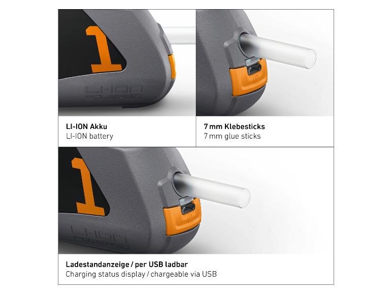 Nahaufnahme einer Klebepistole mit Li-ION Akku, 7mm Klebesticks und USB-Ladefunktion.