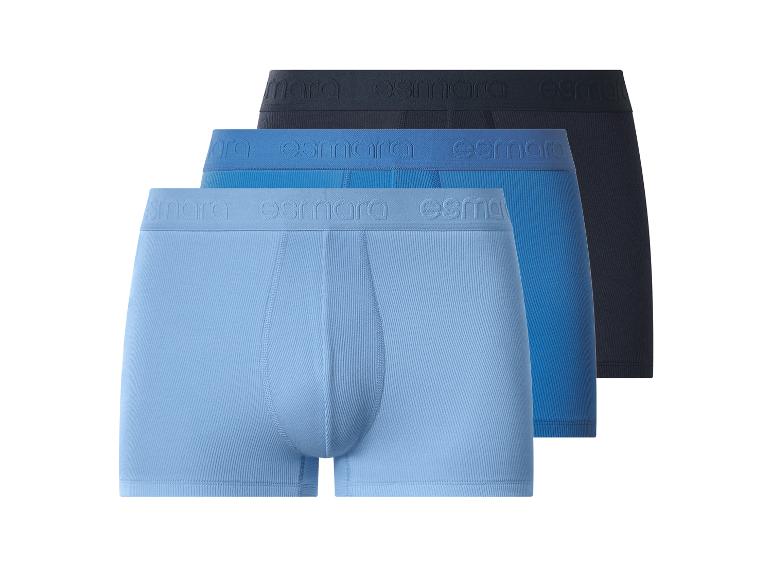 Dreierpack gerippte Baumwoll-Boxershorts in Blautönen, mit Logo-Gummibund.