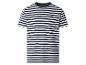 Schwarz-weiß gestreiftes Kurzarm-T-Shirt mit kleinem blauem Logo.