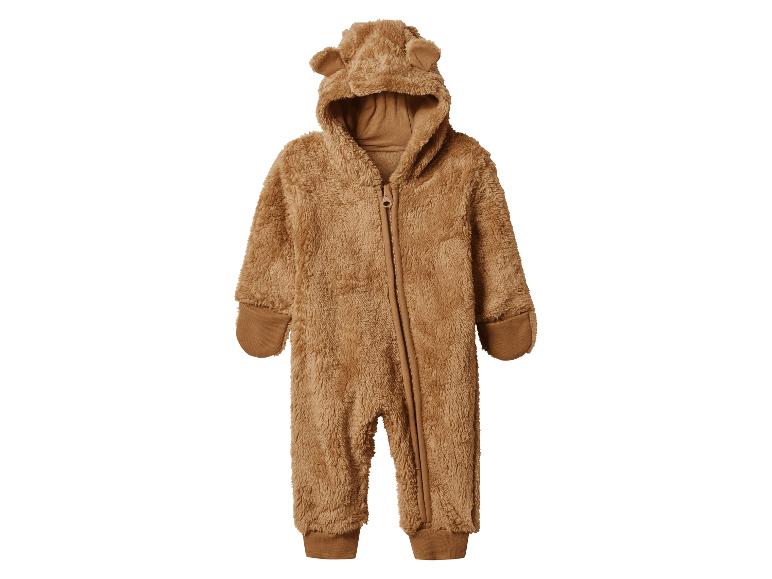 Brauner flauschiger Baby-Strampler mit Kapuze und Bärenohren