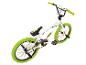 Weißes BMX-Fahrrad mit neongrünen Reifen, Lenker und Sattel.