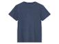 Ein dunkelblaues, kurzärmeliges T-Shirt auf weißem Hintergrund.