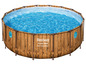 Ein rundes Bestway Power Steel Schwimmbecken in Holzoptik.
