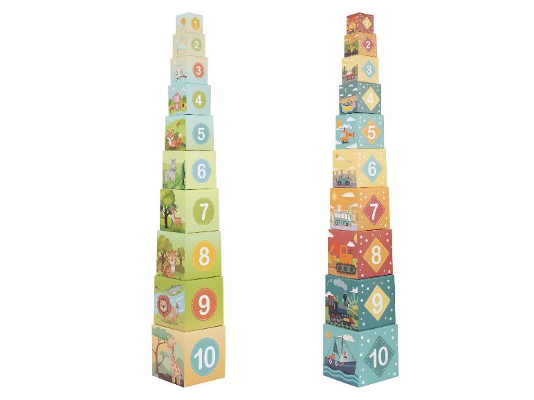 LUPILU® Stapelturm mit Tier- und Fahrzeugmotiven, Zahlen von 1 bis 10.