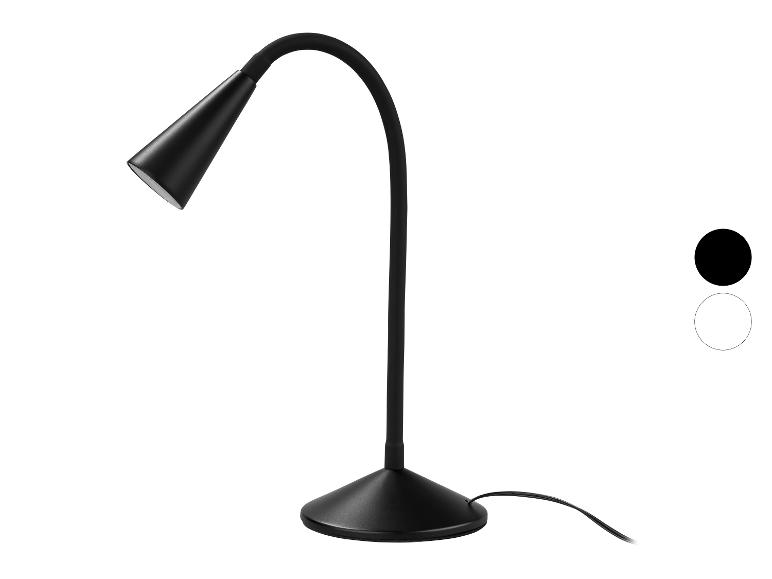 Schwarze Schreibtischlampe mit flexiblem Arm und rundem Fuß.