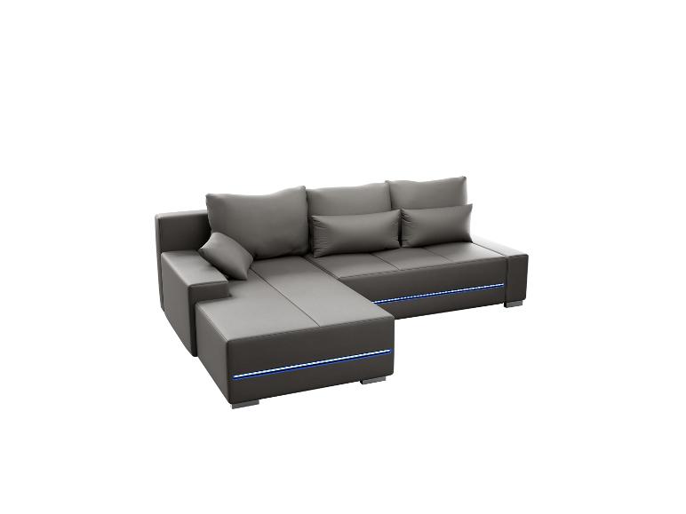 Ein graues Ecksofa mit blauer LED-Beleuchtung.