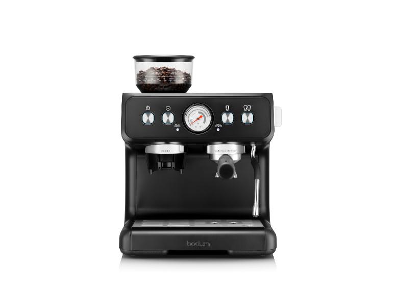 Schwarze Espressomaschine mit integrierter Mühle, Manometer und Kaffeebohnen im Behälter.