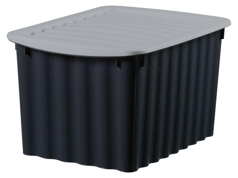 Eine graue Aufbewahrungsbox mit Wellendesign.