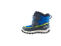 Blauer und grauer Kinder-Winterstiefel mit Klettverschluss und Bergmotiv.