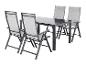 Gartenmöbel-Set: schwarzer Tisch und vier Klappstühle mit grauer Sitzfläche und Rückenlehne.