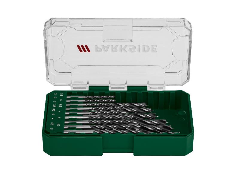 Bohrer-Set in einer grünen und transparenten Kunststoffbox, mit verschiedenen Größen von 3mm bis 10mm.