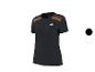 Schwarzes Damen-Sport-T-Shirt mit roten und gelben Streifen an den Schultern.