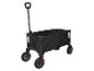 Schwarzer faltbarer Transportwagen mit vier Rädern.
